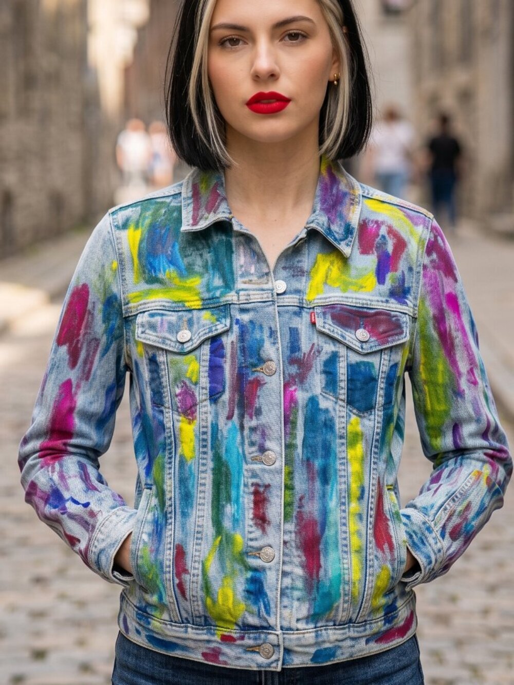 Levis denimJacket Size Large Hand Painted Jean Distressed painterly Art Abstract